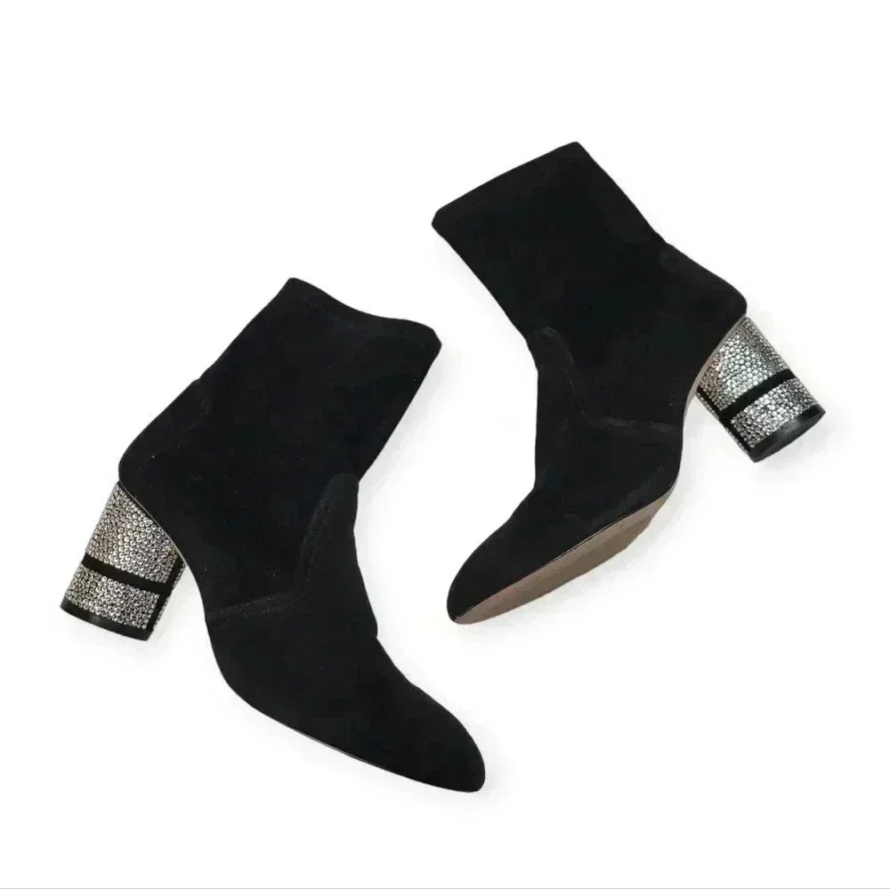 Stuart Weitzman Black Suede Leather Sock Boots Rhinestone Heel Diamond Size 9.5
